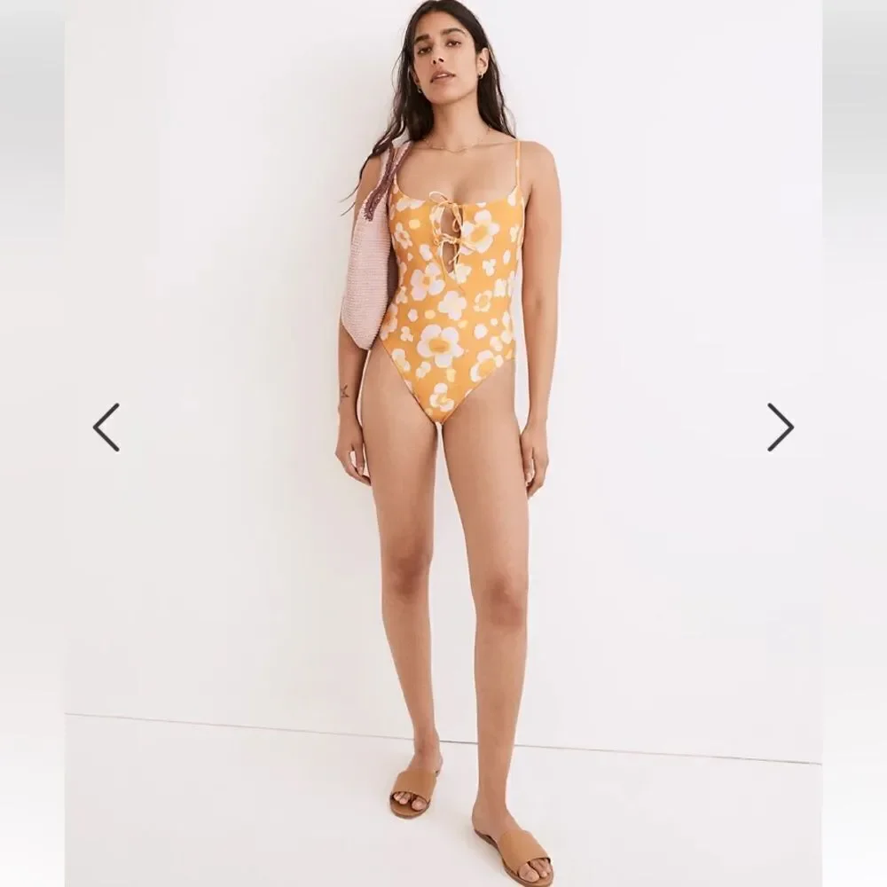 Madewell Second Wave Tie-Front One-Piece Swimsuit in Watercolor Floral - Picture 2 of 6